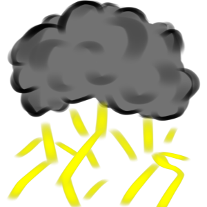 A dark grey cloud with yellow streaks of lightning coming from the bottom.